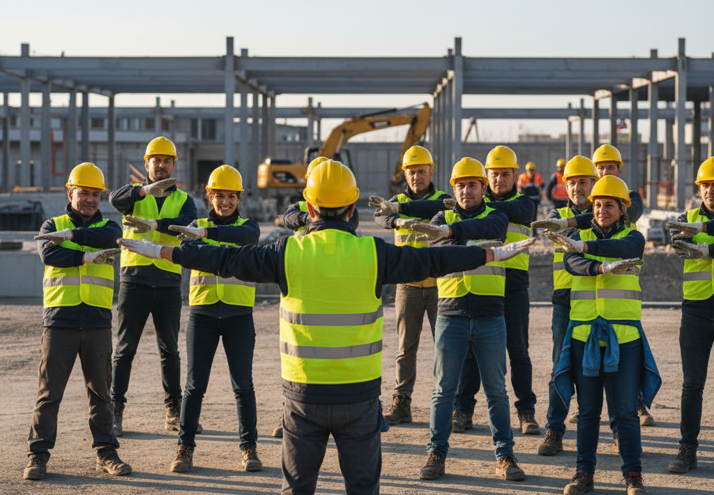 Échauffement collectif sur chantier animé par CF Prévention pour prévenir les TMS et renforcer la sécurité des équipes