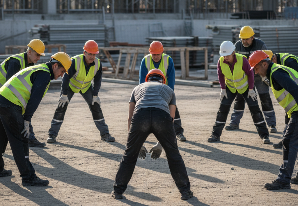 Réveil musculaire collectif sur chantier animé par CF Prévention pour prévenir les TMS et améliorer la sécurité au travail
