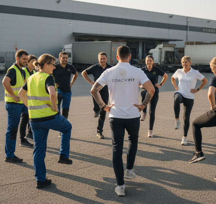 Réveil musculaire collectif sur site industriel pour prévenir les TMS et préparer les équipes à la journée de travail