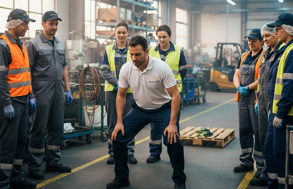 Atelier gestes et postures animé par un coach CF Prévention dans un atelier industriel pour sensibiliser les équipes à la manutention sécurisée et à la prévention des TMS.