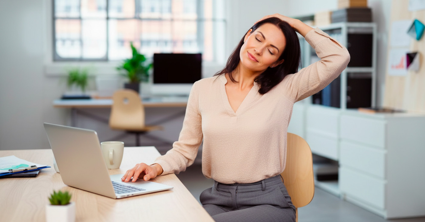 Salariée effectuant un étirement de la nuque pendant une pause active au bureau.