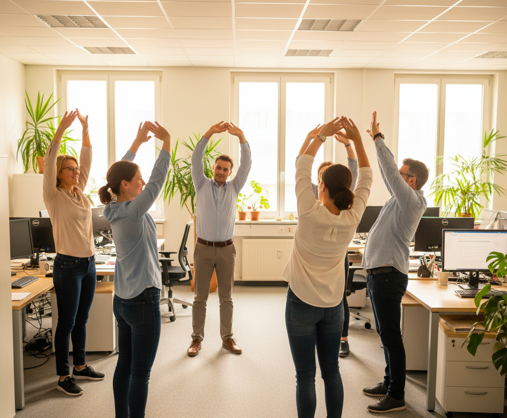 Groupe de salariés effectuant une pause active dans un openspace