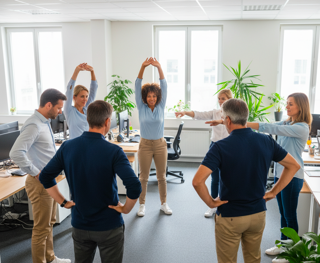 Séance de pause active en entreprise avec un groupe de collaborateurs guidés par un coach CF Prévention dans un open space.