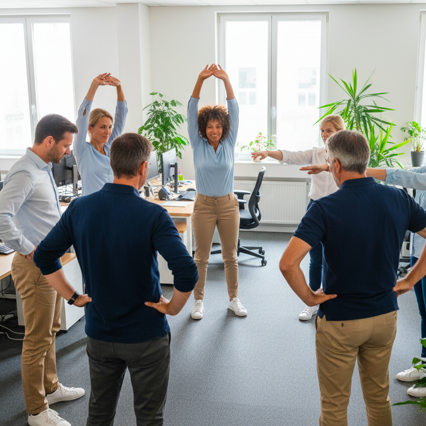 Collaborateurs effectuant une pause active guidée par CF Prévention dans un espace de travail, pour prévenir les troubles musculosquelettiques et dynamiser la journée.
