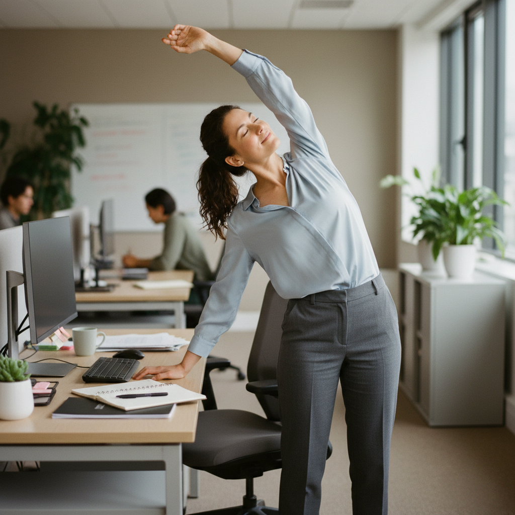 Employée effectuant un étirement au bureau pendant une pause active pour relâcher les tensions musculaires et prévenir les TMS.