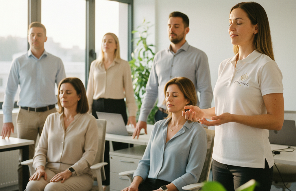 Séance de bien-être en entreprise animée par un coach CF Prévention : respiration et relaxation pour améliorer la concentration au travail.
