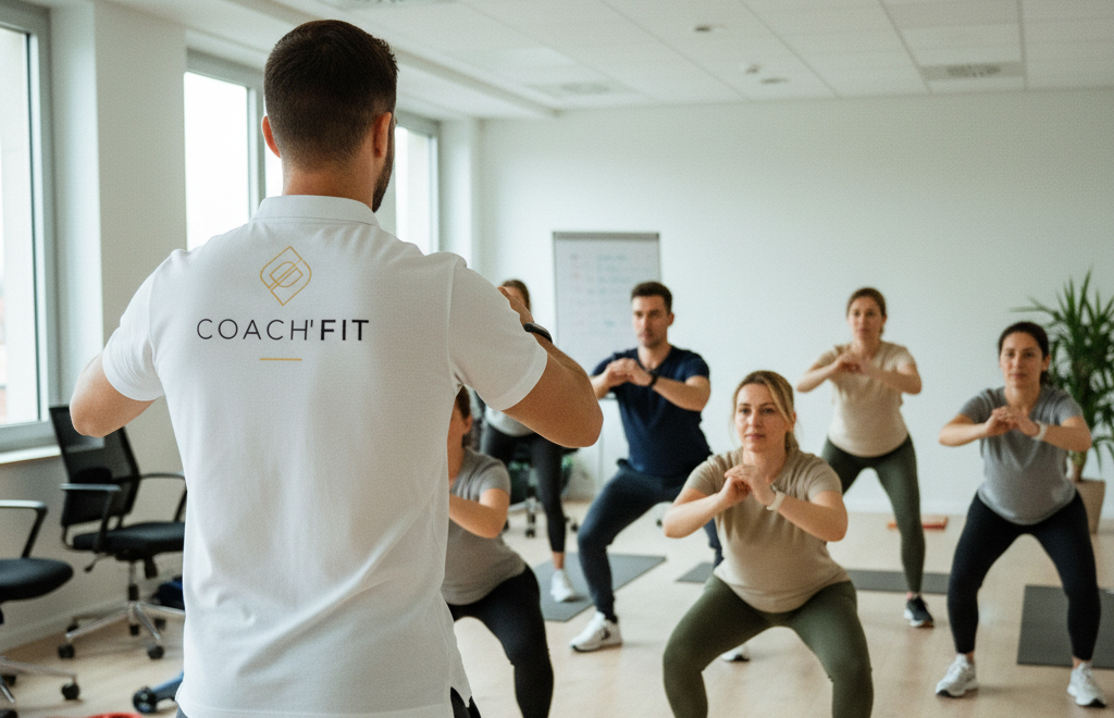 Séance de sport en entreprise encadrée par un coach CF Prévention, avec des collaborateurs réalisant des exercices de renforcement musculaire en groupe.