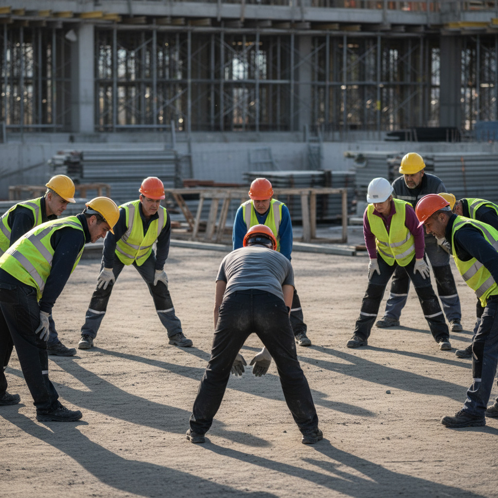 Réveil musculaire collectif sur chantier animé par CF Prévention pour prévenir les TMS et améliorer la sécurité au travail