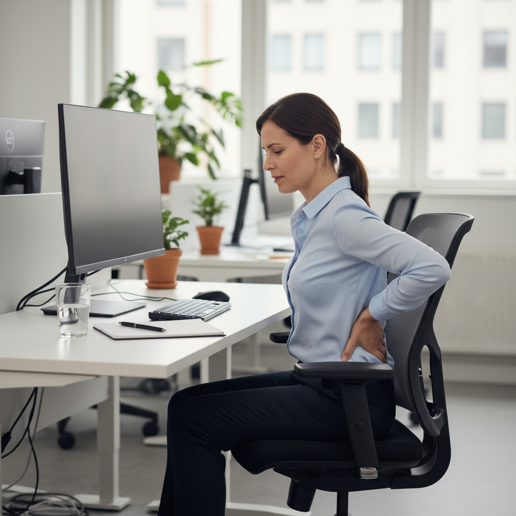 Employée de bureau ressentant une douleur lombaire liée à une mauvaise posture prolongée devant l’ordinateur, illustrant la prévention des TMS.