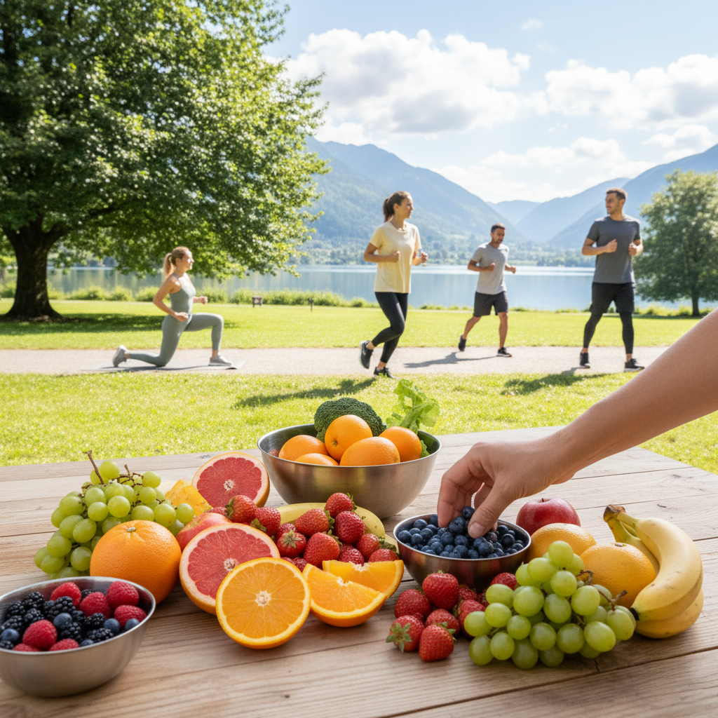 Bol de fruits frais sur une table en plein air avec des collaborateurs pratiquant une activité physique, illustrant l’équilibre entre alimentation et mouvement.