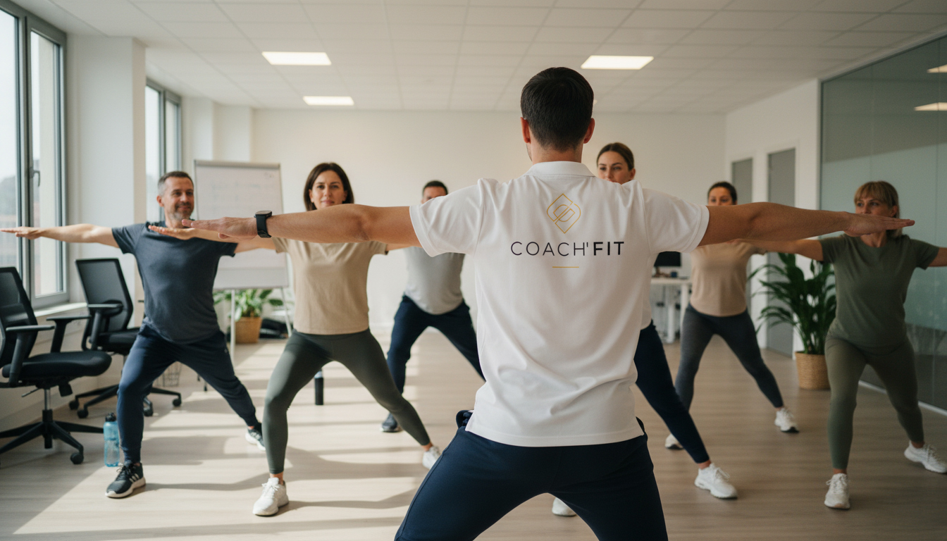 Séance de sport et bien-être en entreprise animée par un coach CF Prévention, avec des collaborateurs pratiquant des exercices de mobilité et de relaxation.