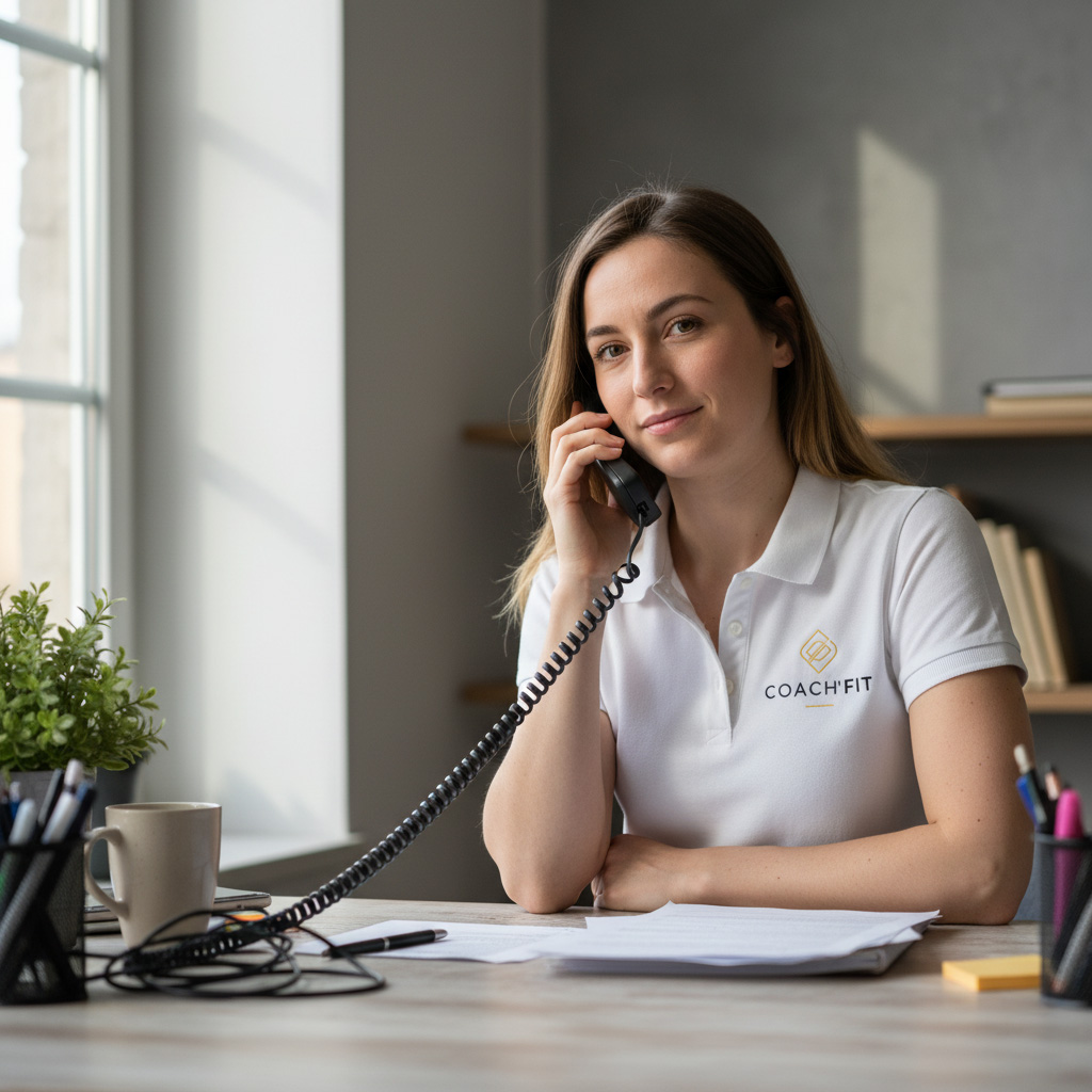 Conseillère du service client CF Prévention répondant au téléphone depuis un bureau lumineux, offrant un accompagnement personnalisé aux entreprises et particuliers.