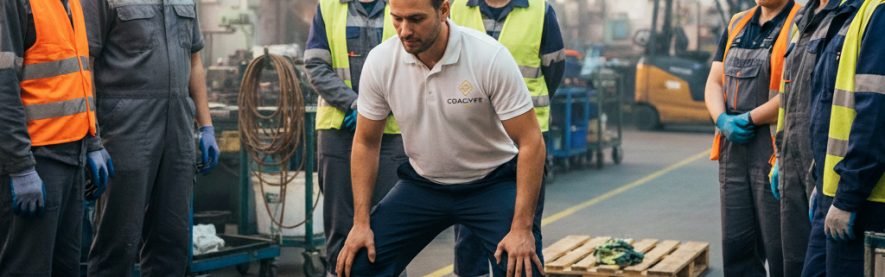 Atelier gestes et postures animé par un coach CF Prévention dans un atelier industriel pour sensibiliser les équipes à la manutention sécurisée et à la prévention des TMS.